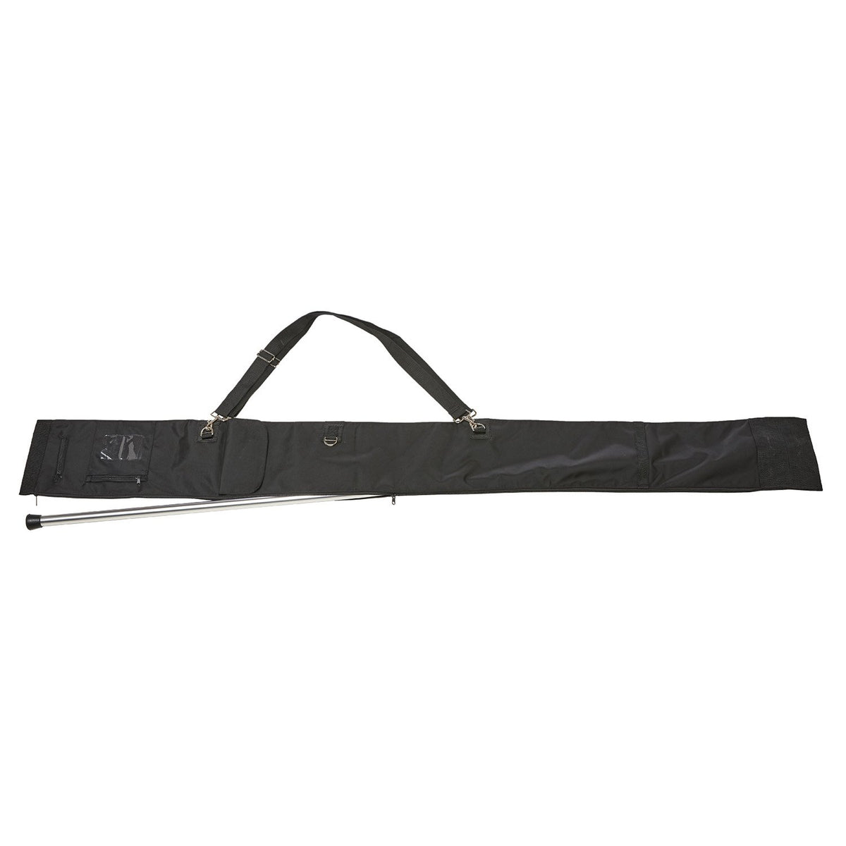 Vivace Premium Pole Bag in black 1680‑denier nylon, 45″ long, with reinforced ends, adjustable padded shoulder strap, and top carry handles—designed to carry multiple marching flag poles or rifles