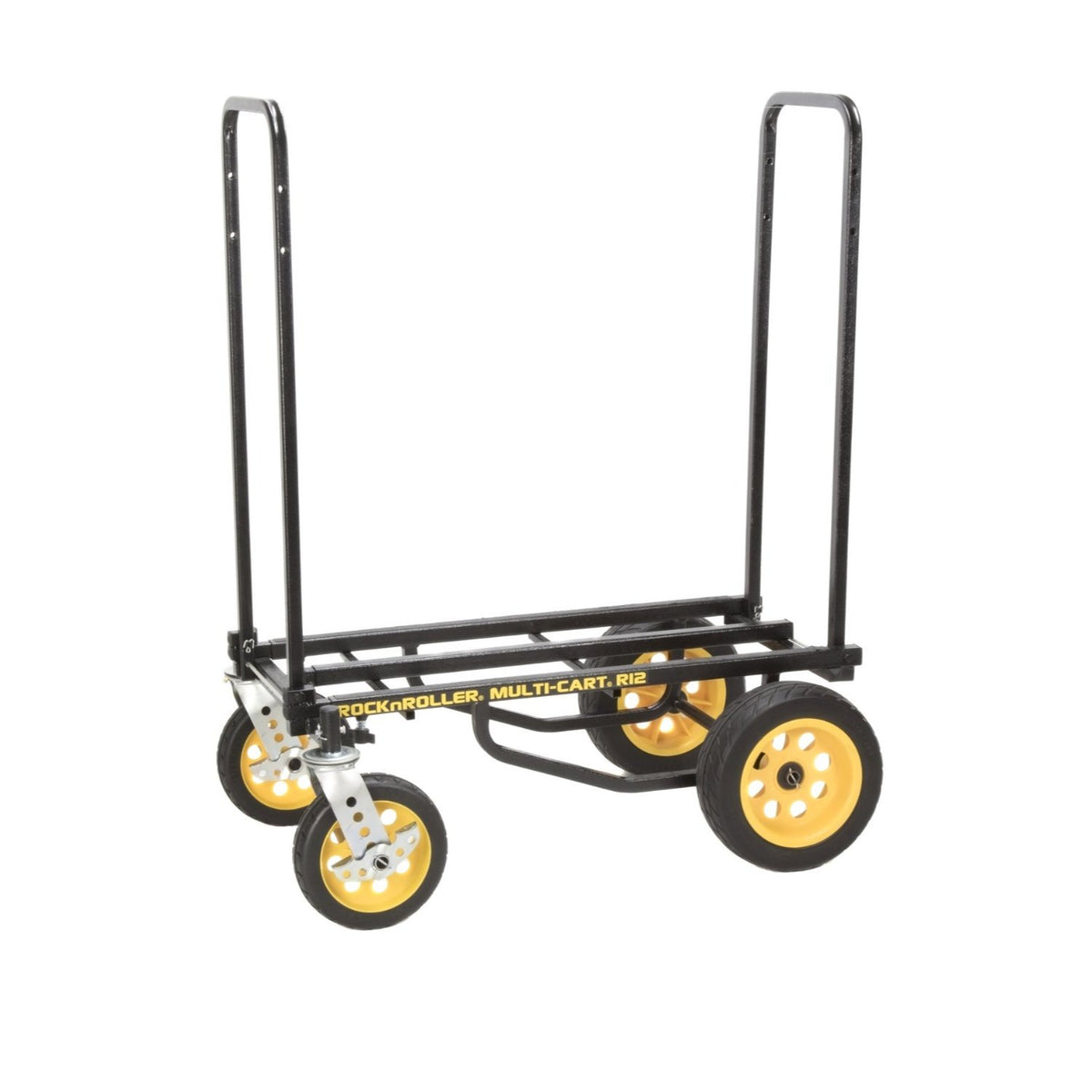 RockNRoller R12RT All‑Terrain multi‑cart fully assembled with dual telescoping handles, black powder‑coated steel frame, two rear 12″ foam-filled all‑terrain wheels, and front swivel casters—designed for hauling equipment across rough outdoor surfaces