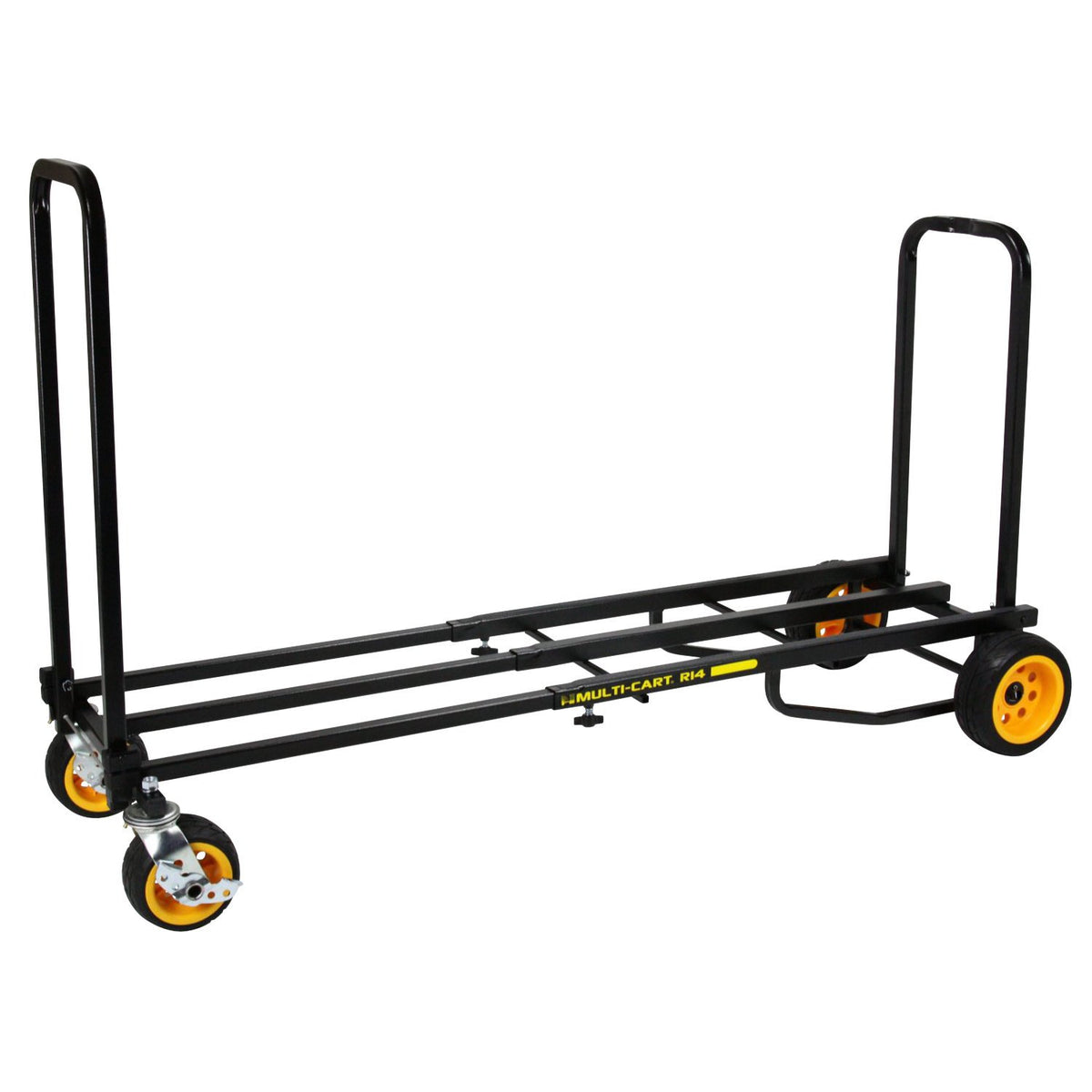 RockNRoller R14G Mega Ground‑Glider multi‑cart with two tall upright handles extended, black steel frame fully loaded, front swivel caster and rear yellow no‑flat ground‑glider wheel—built for extreme terrain and heavy gear.
