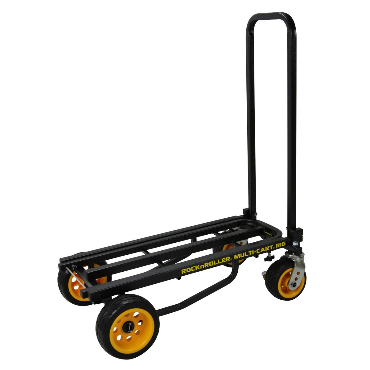 RockNRoller R16RT ‘Max Wide’ multi‑cart fully extended with telescoping handle, 13.5‑inch wide black steel frame, 6″×3″ front caster wheels and 8″×3″ rear pneumatic tires—built for moving heavy gear across grass, gravel, and indoor stages.