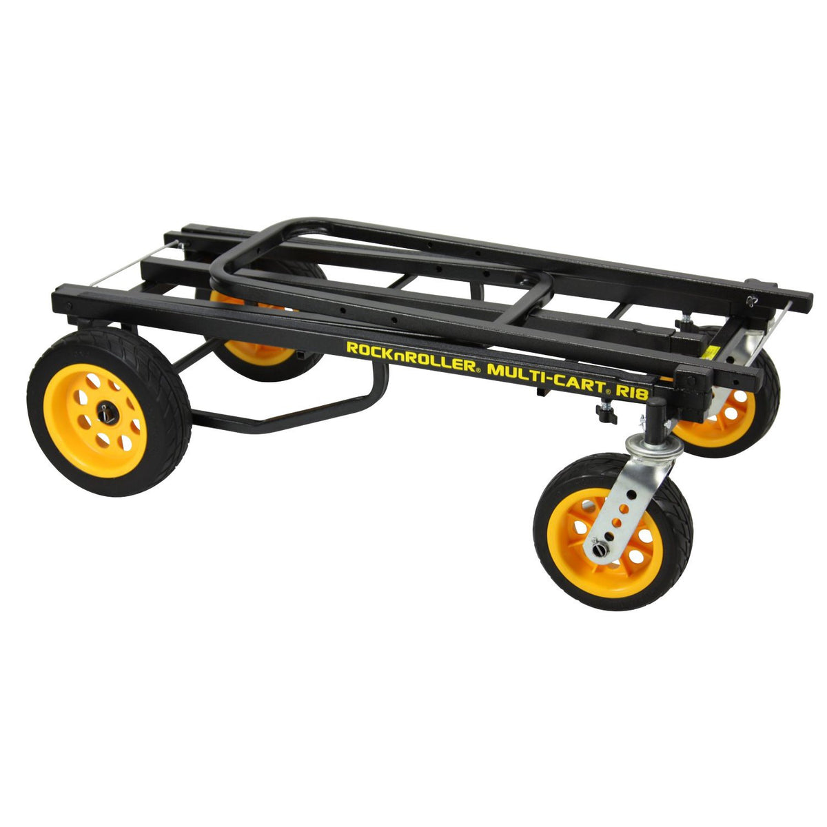 R18RT Mega Plus cart folded flat for storage, with wheels and handle nested close to frame—folding tripod base and telescoping support arms visible
