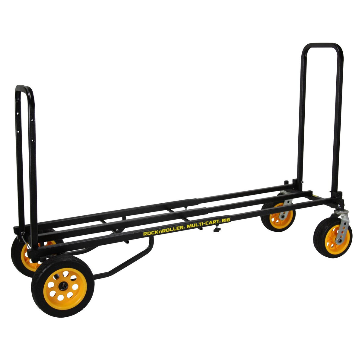 RocknRoller R18RT Mega Plus multi‑cart fully loaded with equipment; features aluminum frame with dual telescoping handles, two 18″ pneumatic rear wheels, two front swivel casters, and extra side braces—designed for hauling heavy gear across fields.