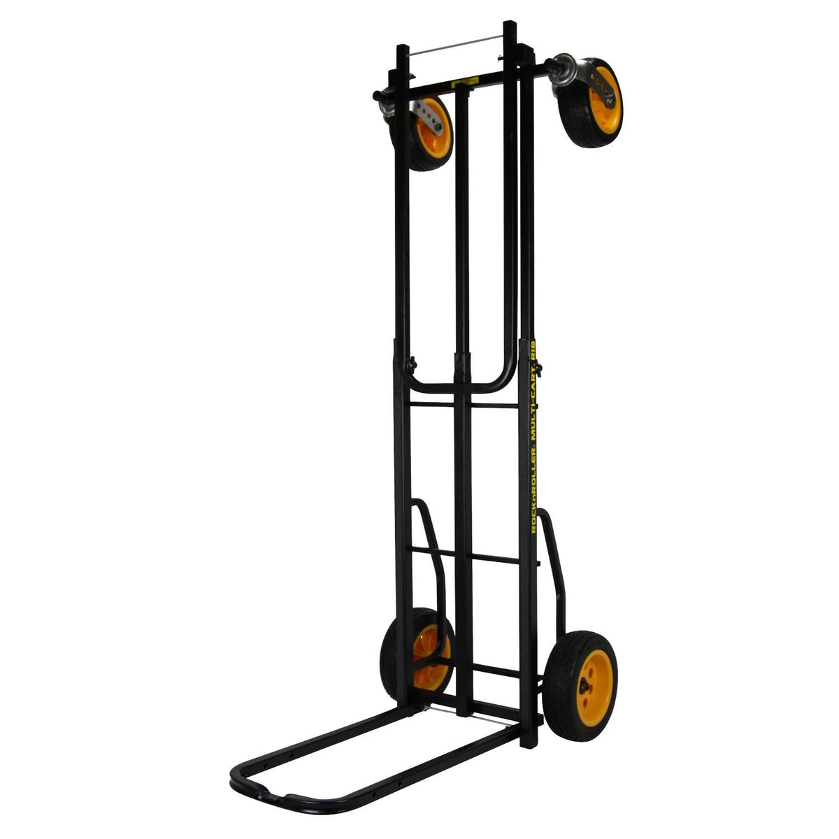 Side-angle view of RocknRoller multi‑cart showing sturdy steel deck platform, yellow tire treads, stabilizing side bars, and push handle—highlighting build quality and outdoor mobility