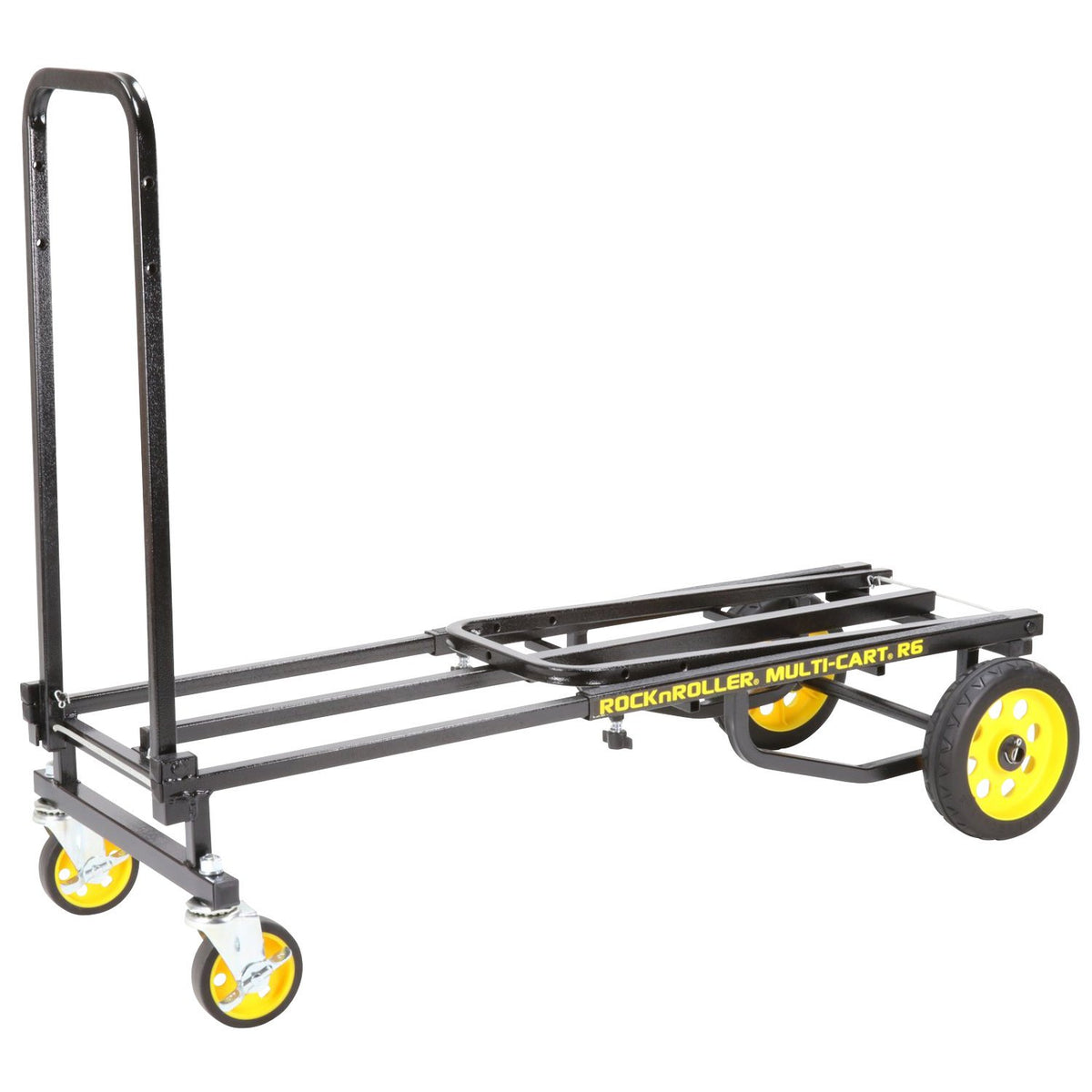 RockNRoller R6RT Mini cart with telescoping handle extended, featuring black powder‑coated steel frame, two 6″ foam-filled wheels, and front swivel casters—designed for compact gear transport across varied terrain.
