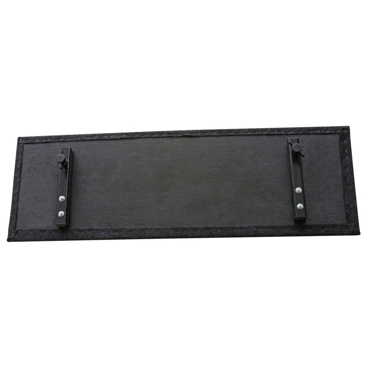 Flat-lay of two carpeted multimedia shelves—one 24″×31″ base shelf and a 10″×31″ upper shelf—with steel support tubes underneath, ready to be attached to a cart frame.