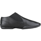 Relevé slip-on dance shoe in black (or nude) full-grain leather with elastic gore panels, split-sole rubber outsole, padded arch support, and protective toe and heel wrap ideal for indoor performance.