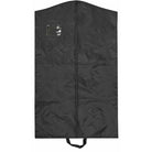 Black 400‑denier nylon garment bag with full-length center zipper, reinforced arched hanger slot, bottom carry handle, and clear ID window near top—heavy-duty protection for uniforms.