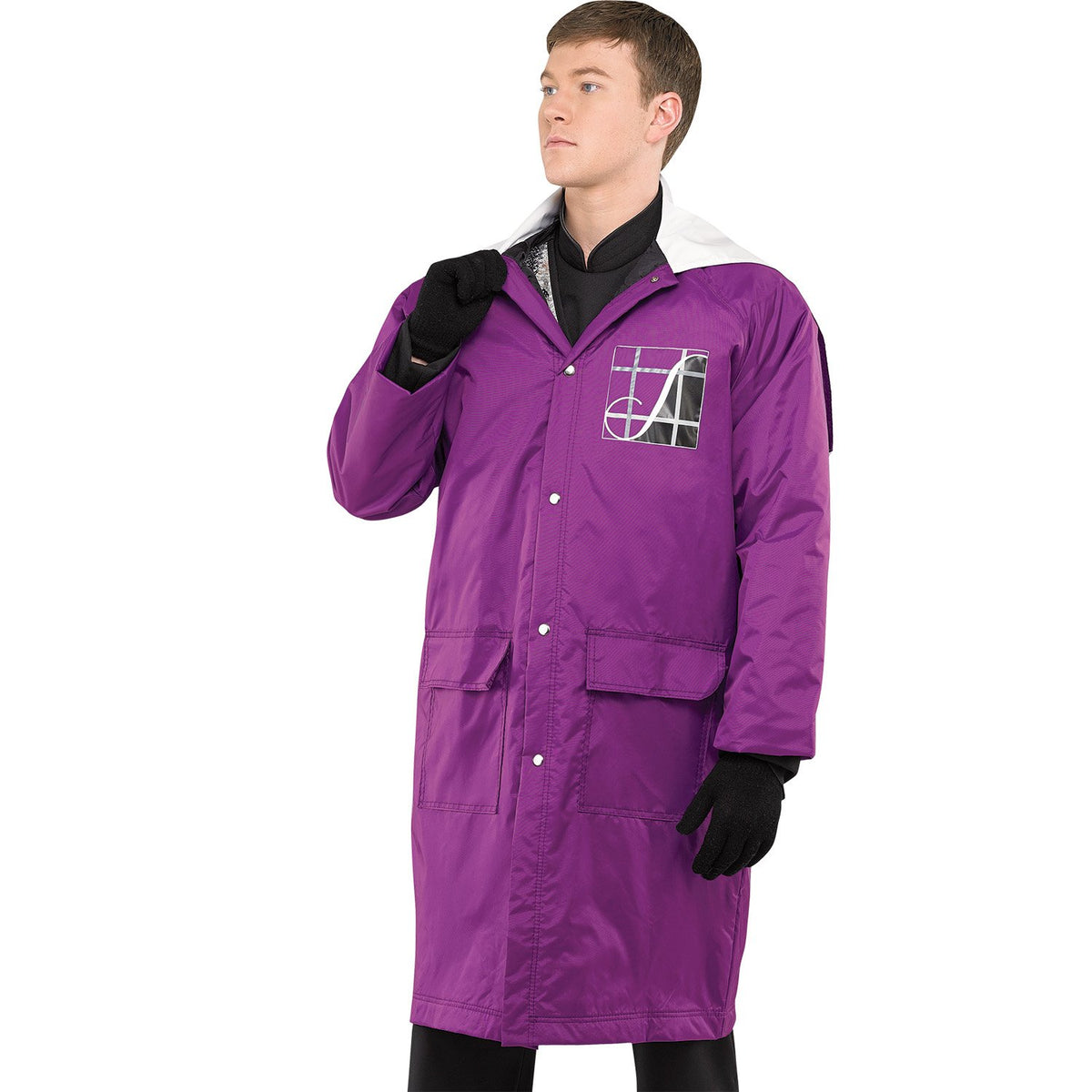 Deluxe Performer black and white raincoat worn by model over uniform, featuring full-length cut, purple color with logo on upper left chest, front snap closure, and hip-length protective storm flap, and pockets on front