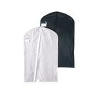 Black StylePlus 40‑inch economy garment bag in vinyl with full-length diagonal zipper, top hanger slot, and clear ID window at upper left—designed to protect uniforms during storage or Clear 40‑inch StylePlus economy garment bag made of transparent vinyl, featuring a diagonal zipper, hanger access slot, and visible clear ID window for easy content identification