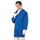 Front view of StylePlus Spectra‑Lite blue nylon raincoat with drawstring hood, front snap closure, seam‑sealed shoulders—worn over marching uniform for full weather protection. available in red, maroon, orange, yellow, kelley, dark green, navy, royal, purple, black, grey, brown, and white 