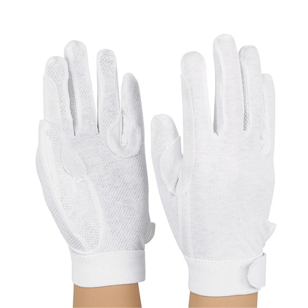 Pair of StylePlus Deluxe Sure‑Grip gloves in white stretch polyester, featuring full‑finger coverage, elastic wrist cuff, and textured palm grip dots for extra handling control