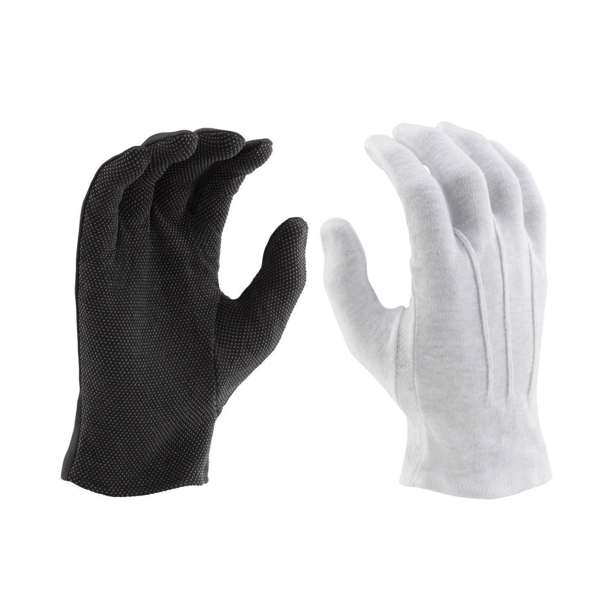Back-of-hand view of StylePlus Sure-Grip glove highlighting smooth polyester knit across knuckles, full-finger coverage, and comfortable stretch fitClose-up of StylePlus Sure-Grip glove palm showing silicone grip dots covering fingers and palm with elastic-bound wrist cuff
