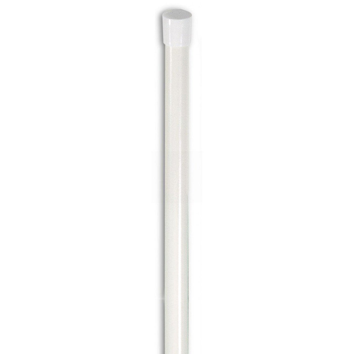 Close-up of a single white fiberglass pole with a smooth black rubber end cap—showing capped ends that protect fabric and secure fit for flag mounting