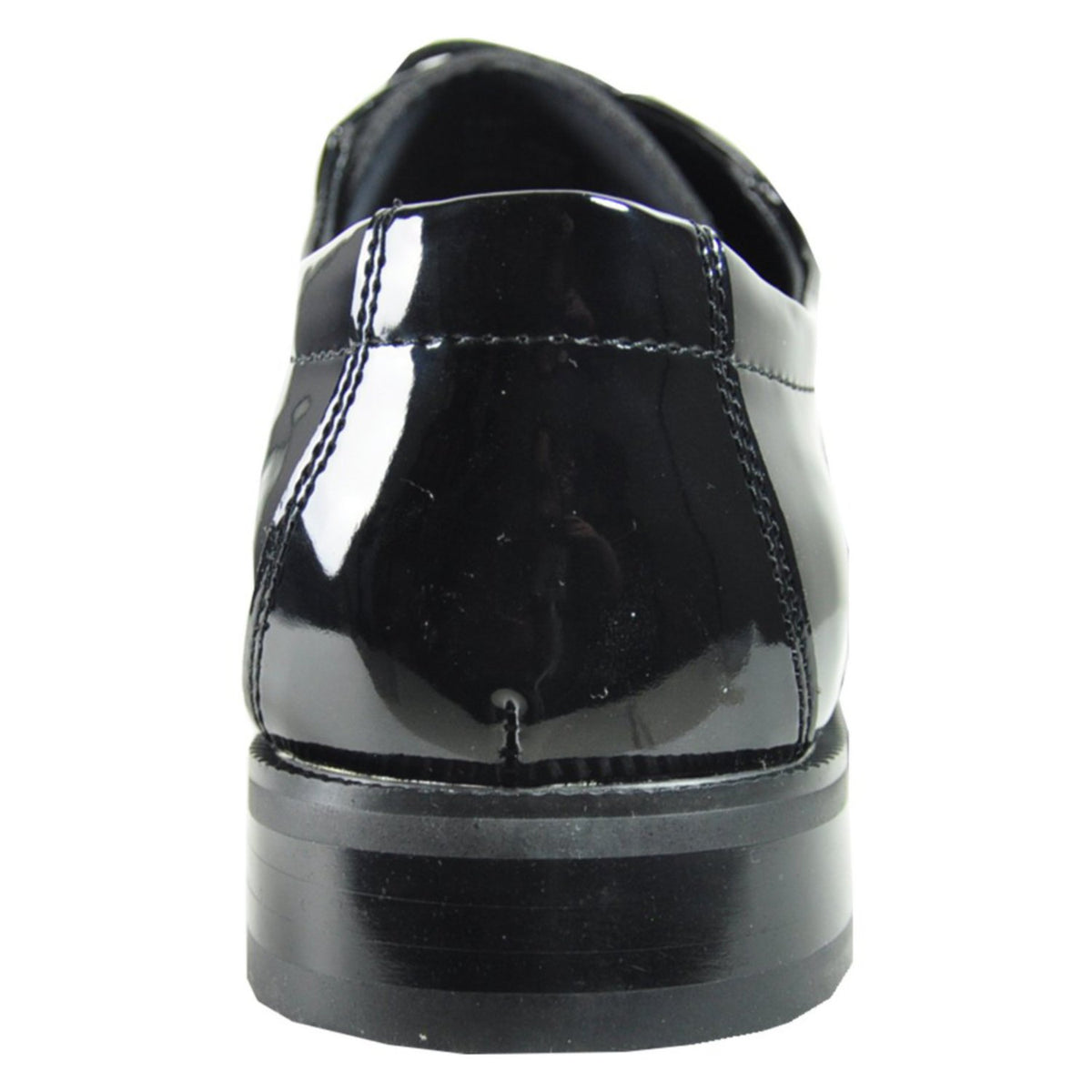 Heel view of Vangelo Tux‑1 Tab Oxford formal shoe showing stitched leather heel counter, low stacked heel, and scuff-resistant gloss for concert and formal event use