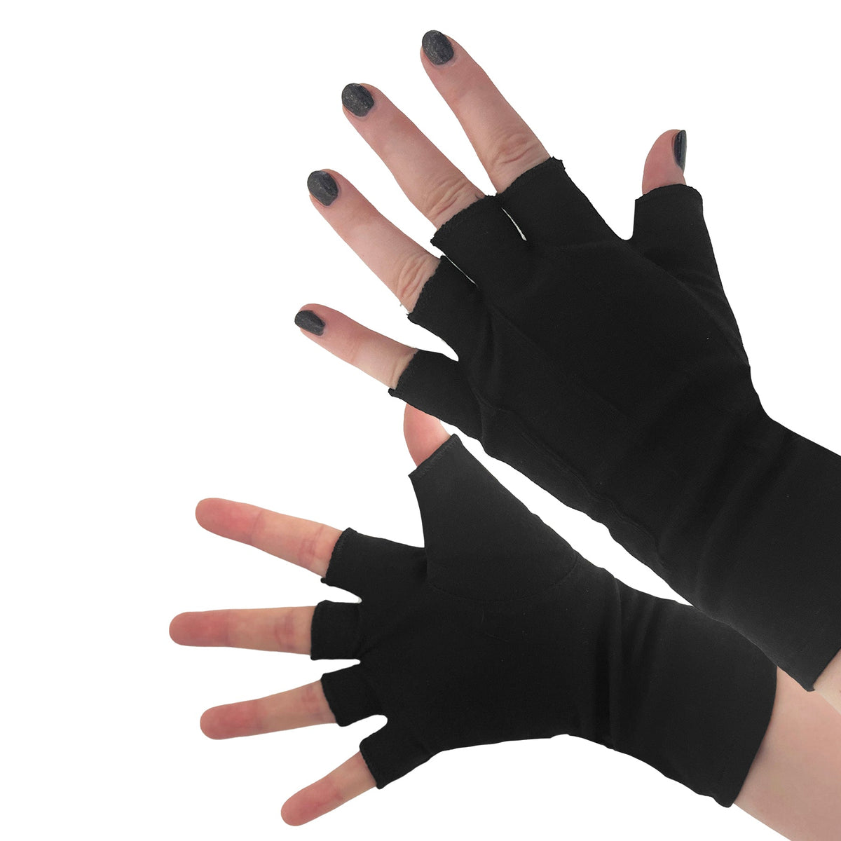 Vivace long-wrist, fingerless cotton glove with PVC grip dots on palm, extended elastic wrist cuff, and reinforced thumb seam—ideal for secure baton, prop, and equipment handling. in black