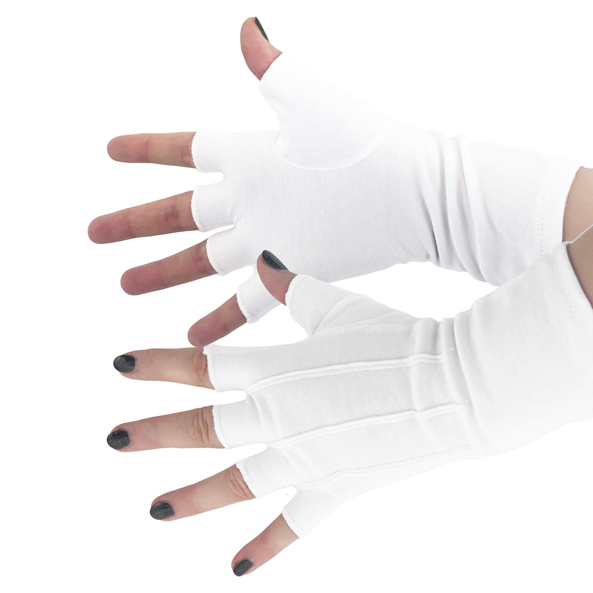 Vivace long-wrist, fingerless cotton glove with PVC grip dots on palm, extended elastic wrist cuff, and reinforced thumb seam—ideal for secure baton, prop, and equipment handling. in white