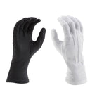 Hands wearing Vivace long-wrist cotton gloves, showing fitted full-finger design, snug wrist sleeve, and smooth knit texture ideal for marching or ceremony
