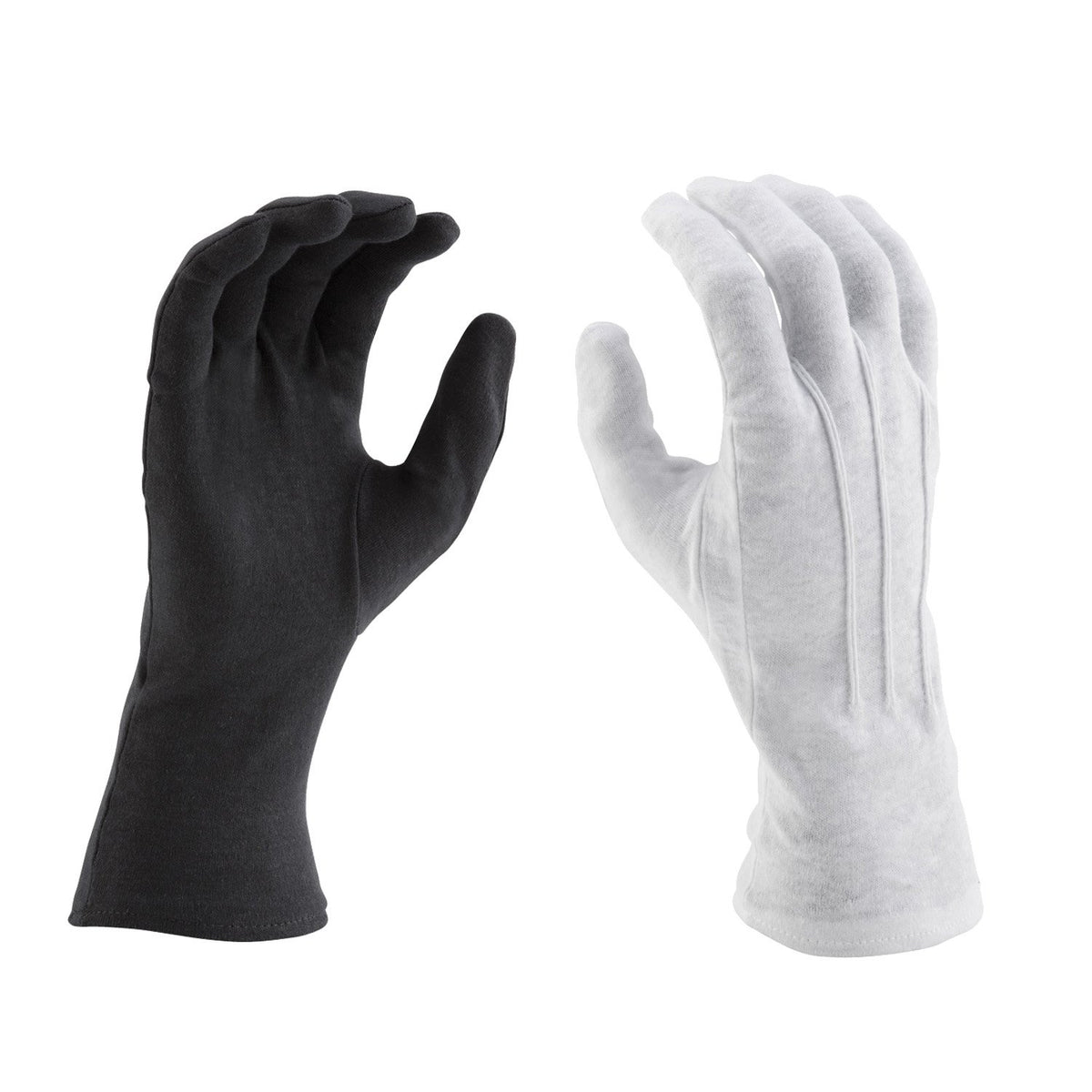 Hands wearing Vivace long-wrist cotton gloves, showing fitted full-finger design, snug wrist sleeve, and smooth knit texture ideal for marching or ceremony