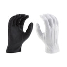 Pair of Vivace short wrist cotton gloves in black and white, palm-side out, showing full-finger coverage, snug elastic wrist cuff, and dot-pattern PVC grip surface designed for secure flag and equipment handling
