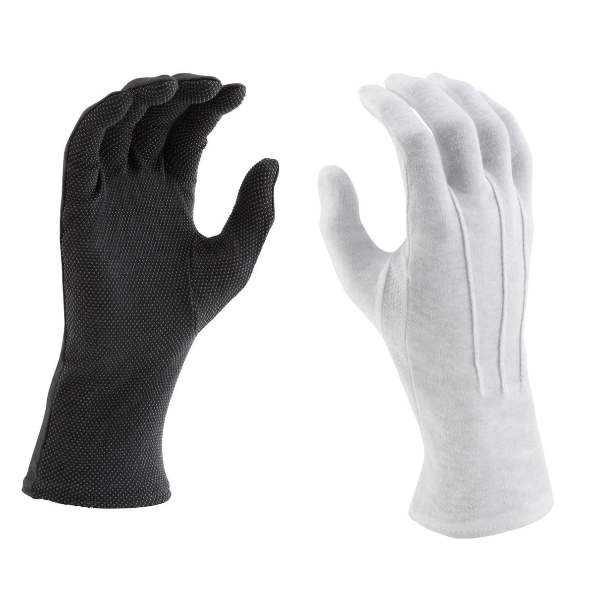 Pair of Vivace long-wrist cotton gloves in black and white, featuring full-finger coverage, extended wrist knit cuff, and densely patterned PVC grip dots on palm and fingers—designed for secure flag, baton, and equipment handling.