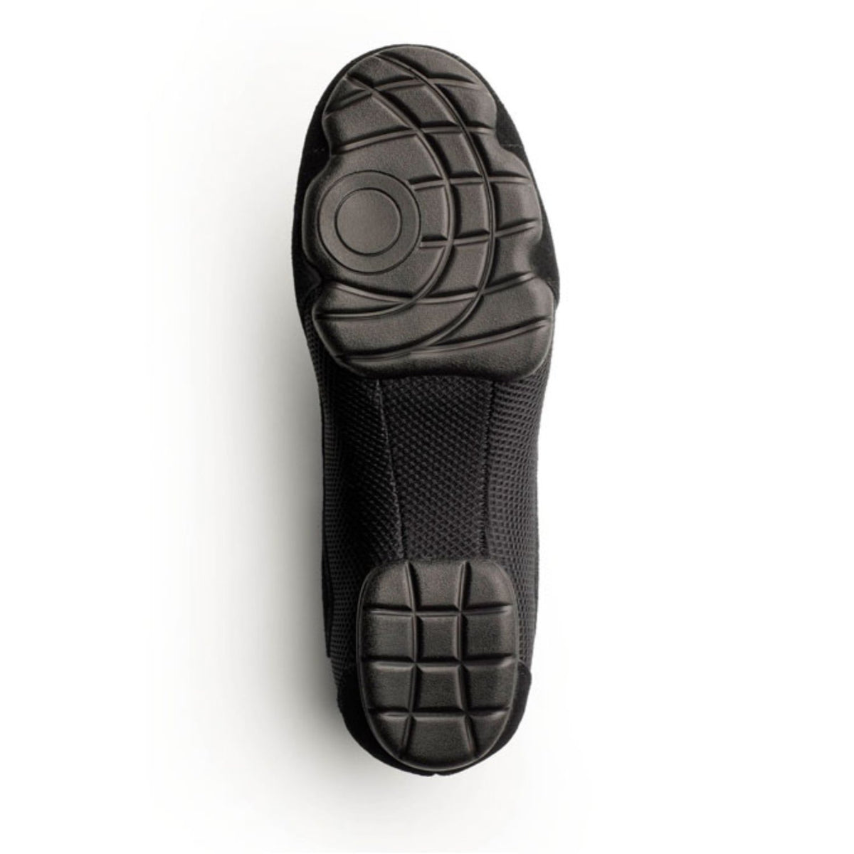 Sole view of Dinkles Accent guard shoe showing full rubber PU sole pads with sewn split‑sole pattern, circular pivot zone, and deep traction grooves for indoor/outdoor use