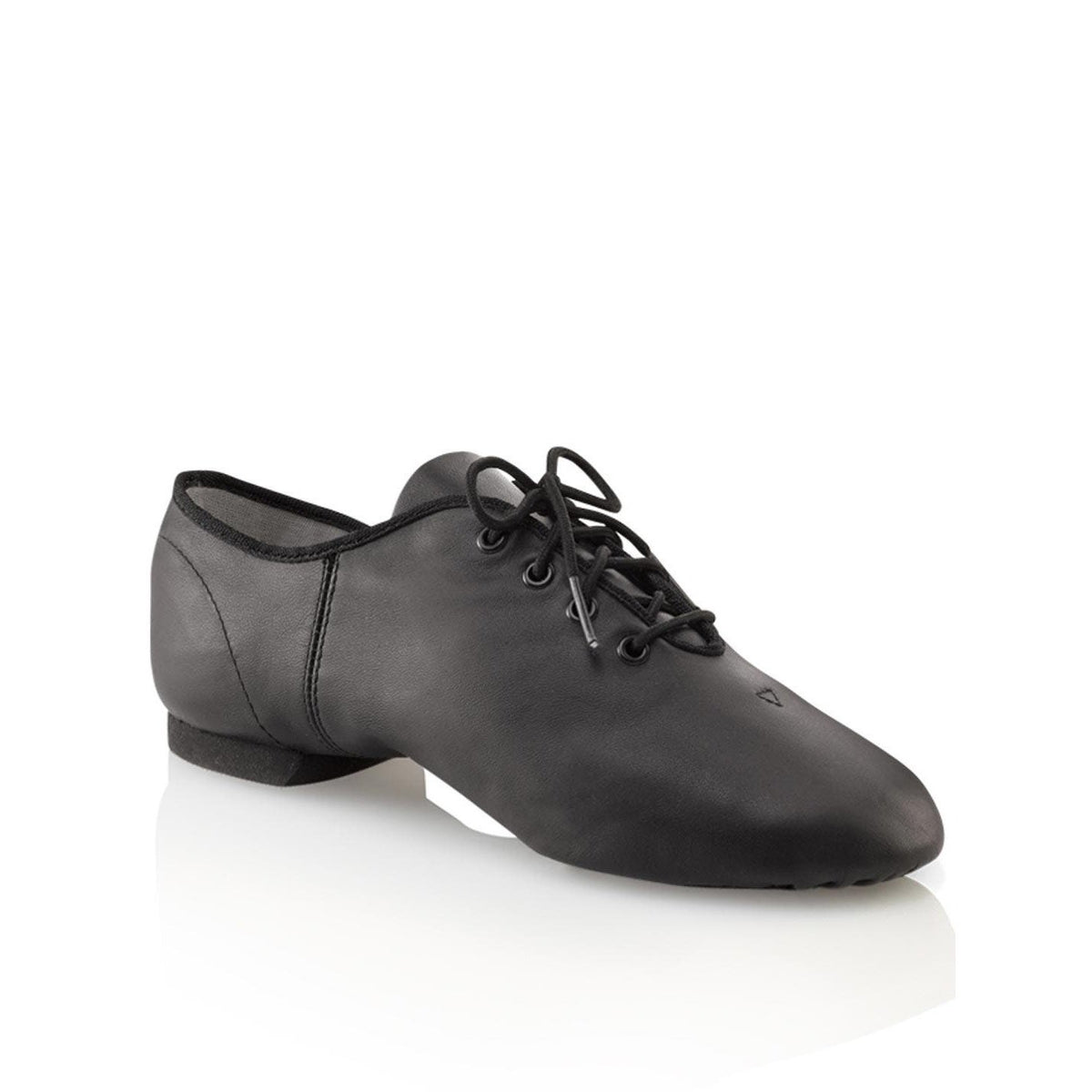 E‑Series Jazz lace‑up shoe in black with full cotton laces, soft leather upper, split‑sole construction, and padded collar for flexible support in jazz and dance performances.