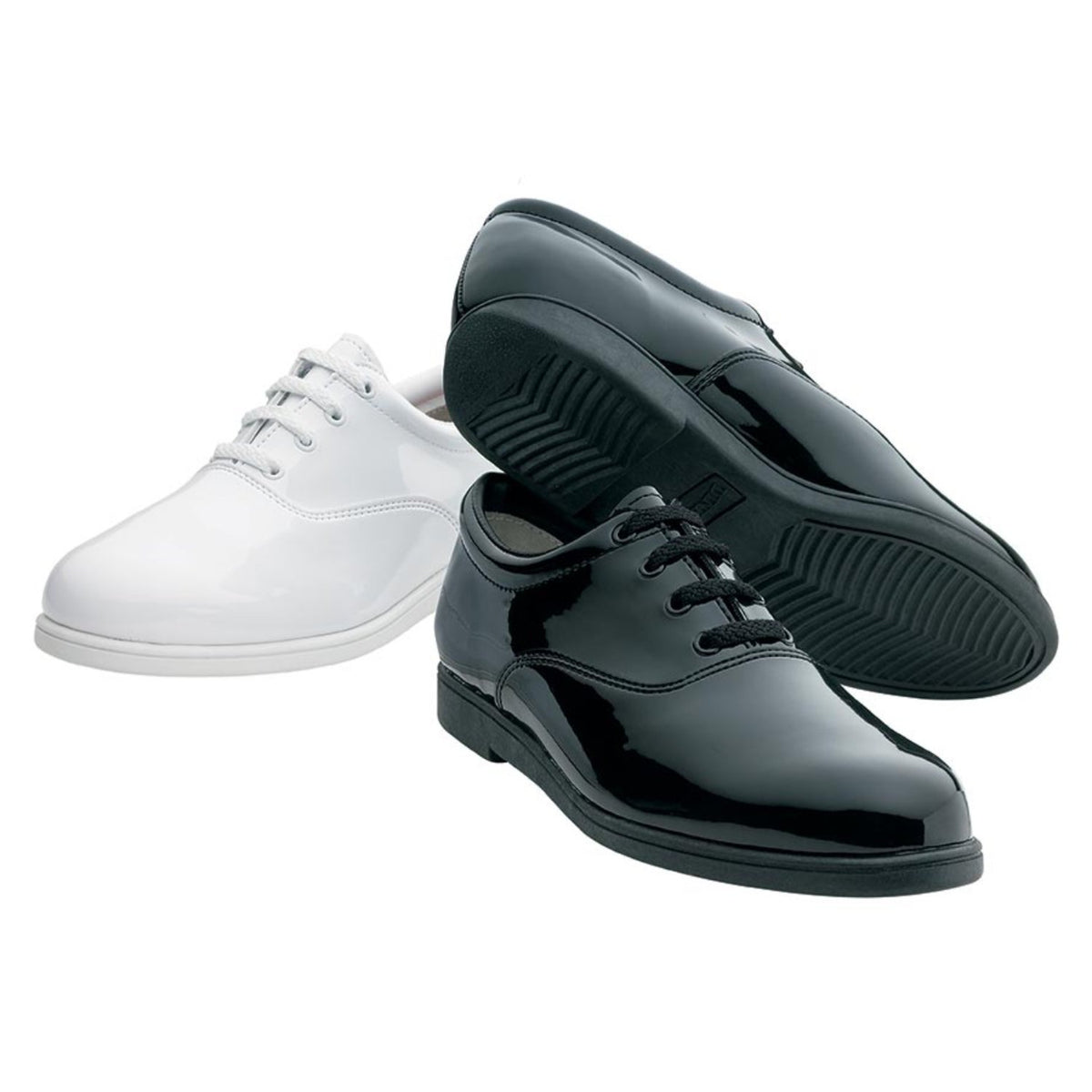 Dinkles Formal marching band shoe in black or white slick upper with lace-up oxford styling, padded collar, and low-profile heel—designed for parade and concert uniform polish. Sole view of Dinkles Formal marching shoe featuring non-marking rubber outsole with pivot disc and shallow flex grooves for secure grip on turf and stage.