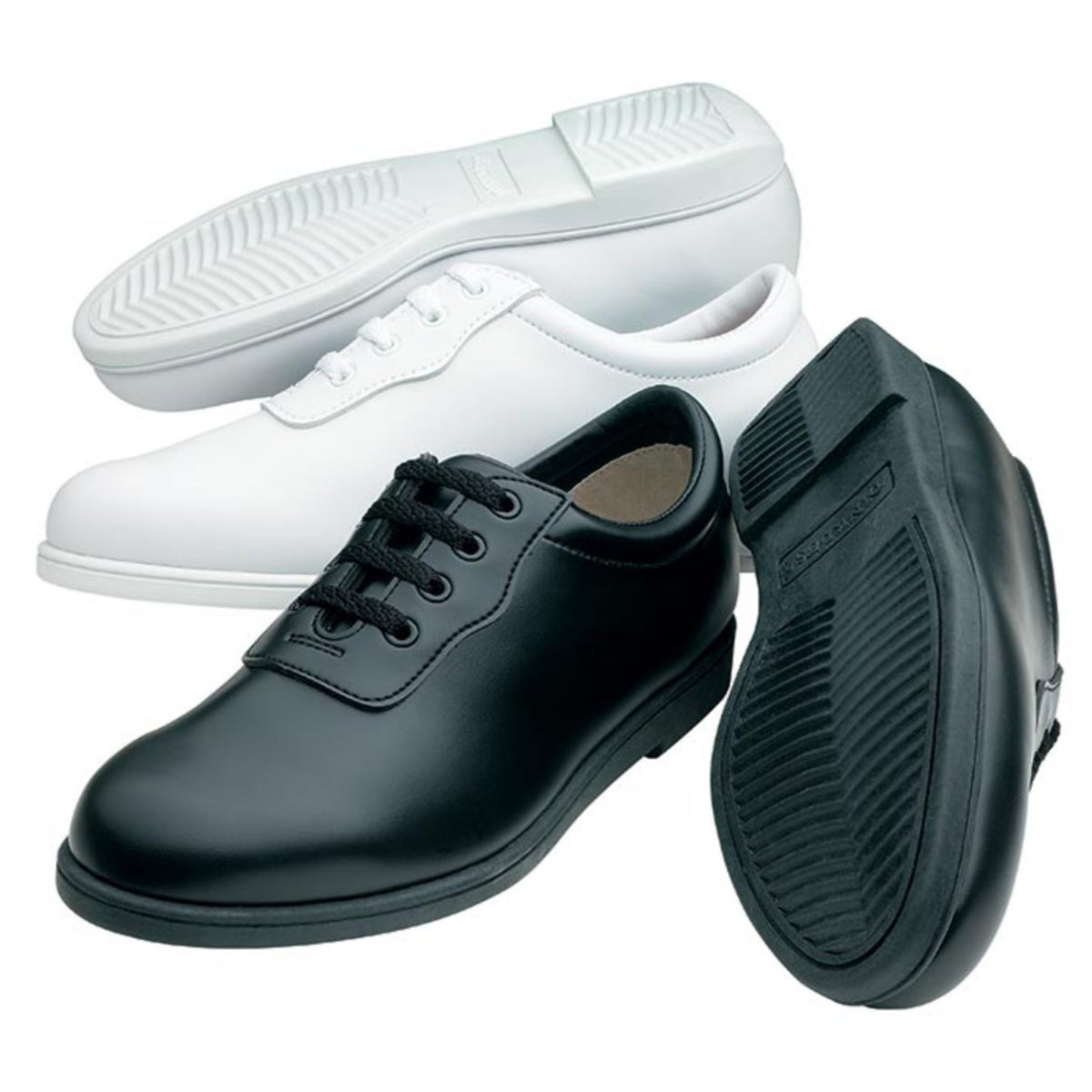 Pair of Dinkles Glide shoes in black and white synthetic uppers with lace-up closure, padded collar, and full-coverage rubber outsole designed for quick uniform changes. Dinkles Glide marching band shoe in black or white synthetic leather, lace-up oxford styling, cushioned collar, and durable ripple-traction outsole with pivot disc for stability during drill