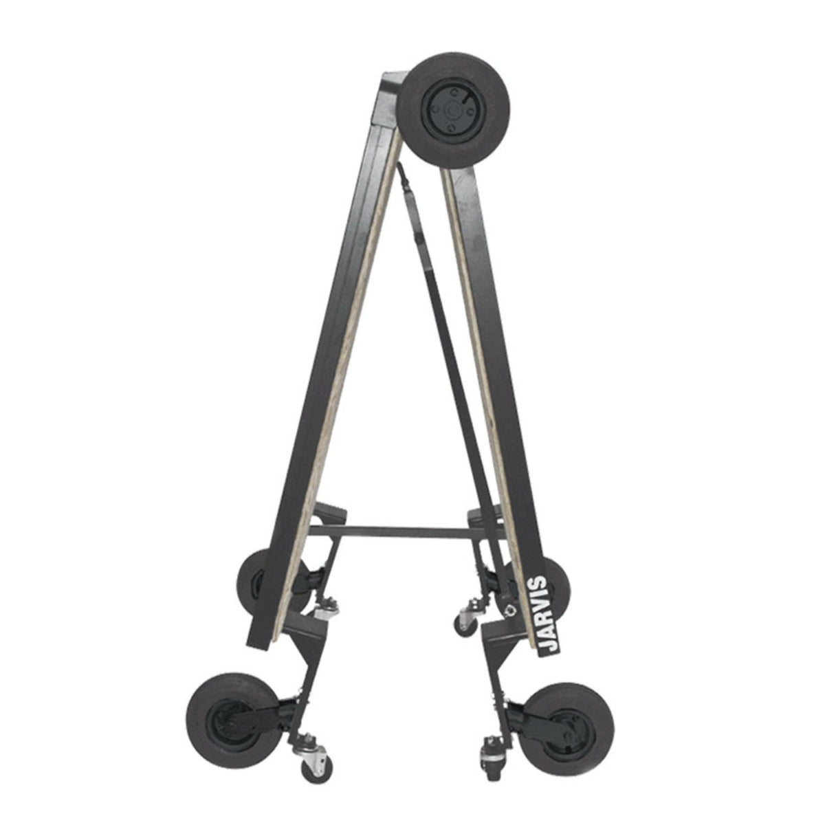 Folded Jarvis Mobile Percussion Platform standing upright like an A-frame; black powder‑coated steel frame with four 8″ swivel casters and two fixed wheels—compact for storage and transport