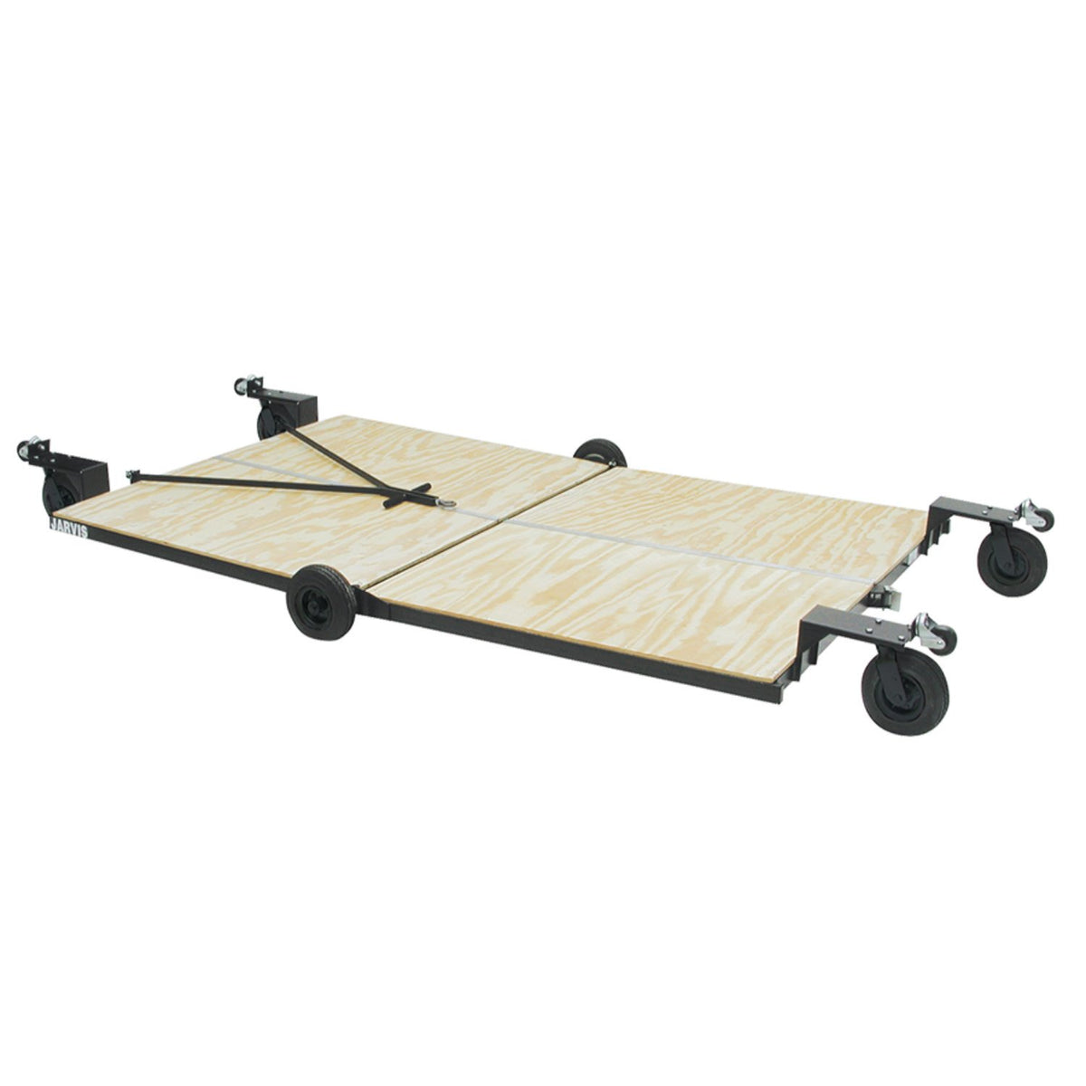 Jarvis Mobile Percussion Platform unfolded flat with plywood deck supporting a full drum kit; features six 8″ black Everest casters and steel frame—designed for maneuvering percussion equipment on and off the field.