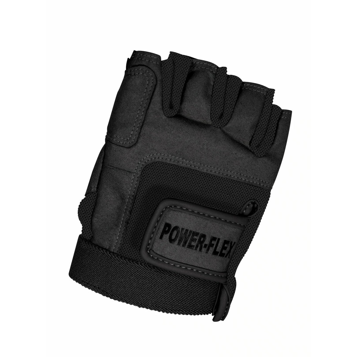 StylePLUS Power‑Flex fingerless glove in black stretch Lycra displayed flat with exposed fingertips, reinforced palm grip patch, and elastic cuff for secure guard and flag handling.