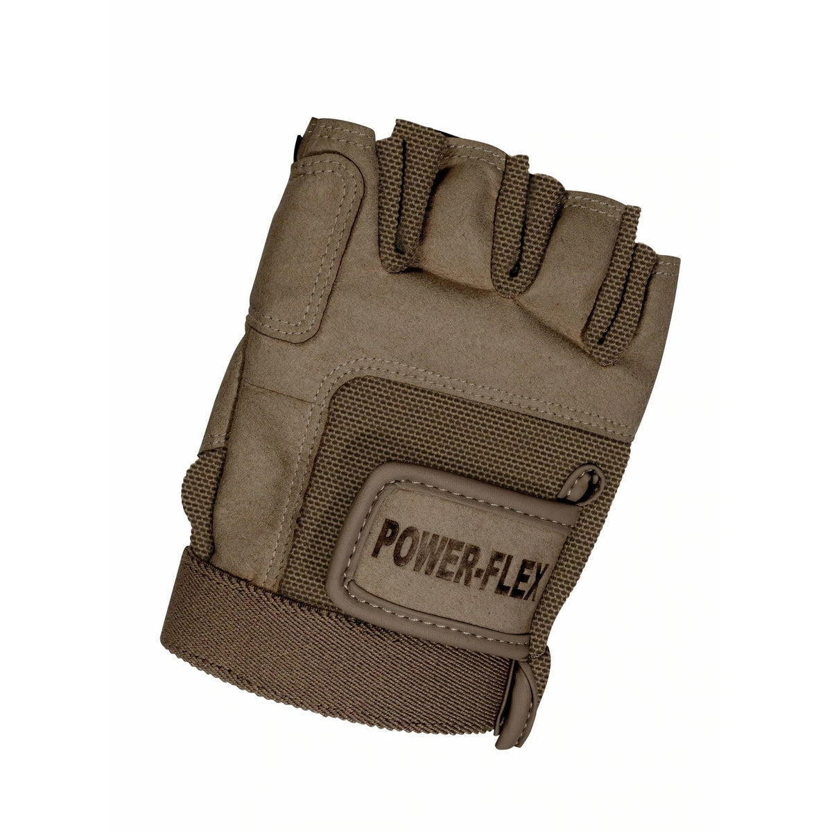 StylePLUS Power‑Flex fingerless glove in dark tan stretch Lycra displayed flat with exposed fingertips, reinforced palm grip patch, and elastic cuff for secure guard and flag handling.
