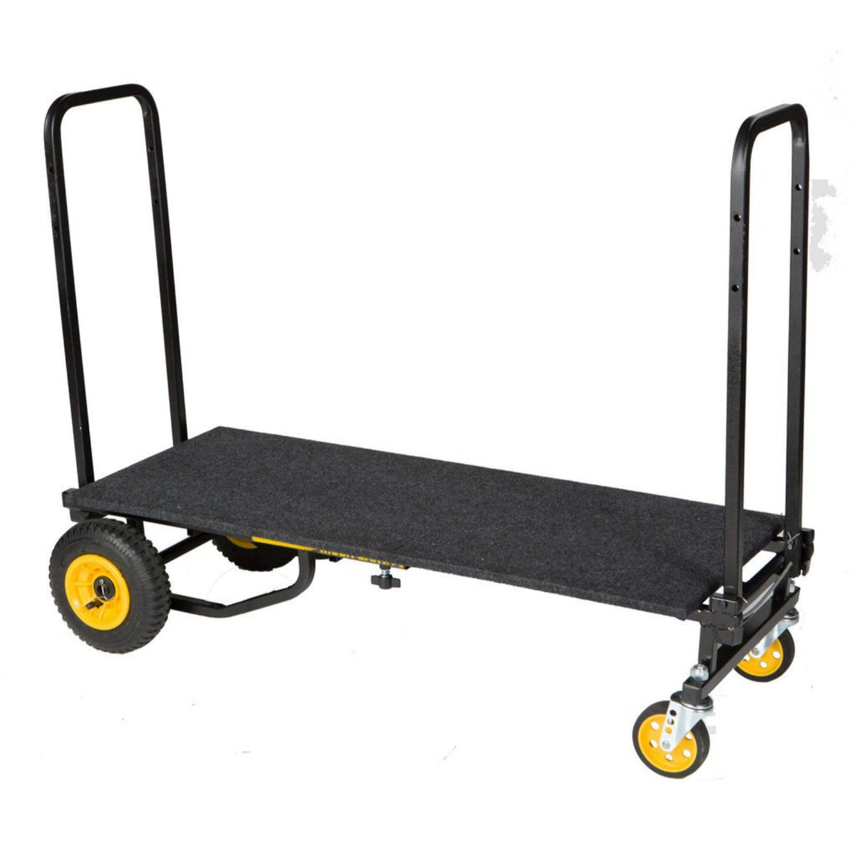 Black carpeted solid deck installed on a RocknRoller R6 multi-cart, featuring one-piece plywood platform secured between upright tubes—providing a stable flat surface above yellow pneumatic wheels for equipment transport