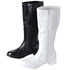 Gotham Dallas Team Boots in black and white soft vinyl, knee‑high with inside zipper, cushioned footbed, and low block heel—ideal for majorette and color guard