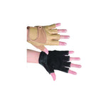 Pair of Talon fingerless nylon gloves in blackor nude, with cut-away fingertips, reinforced padded palm, and elastic wrist cuff for secure and flexible usePalm-side view of Talon gloves showing stitched padding across palm and base of fingers, open fingertips, and smooth nylon construction.