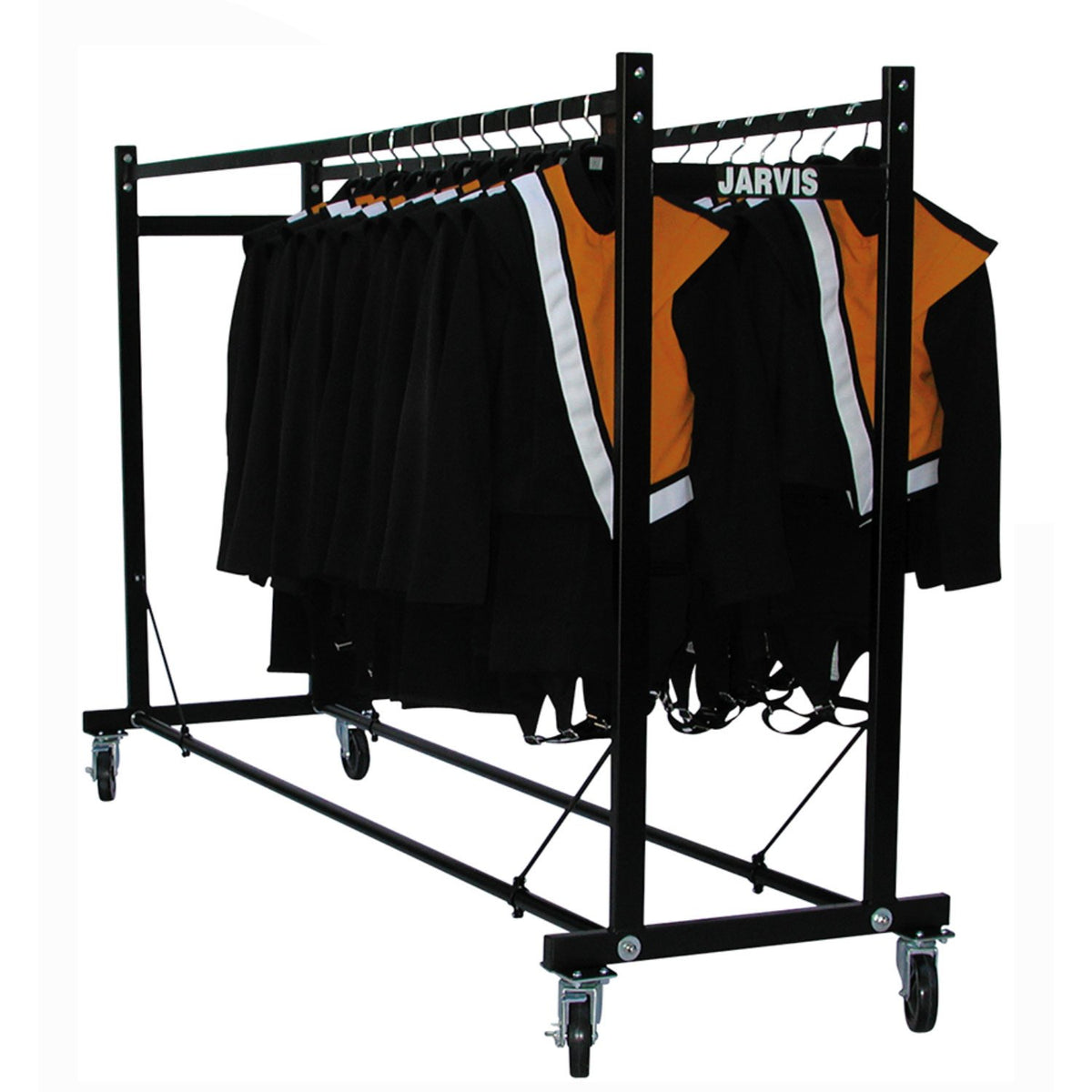 Detail of red-coated notched hanging bar on Jarvis mover with uniforms draped on hangers and tension spring securing garments—showcasing storage functionality
