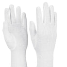 Long-wrist nylon stretch glove in solid white color, laid flat showing full-length palm coverage, smooth elastic wrist cuff extending toward forearm, and seamless fingertip design