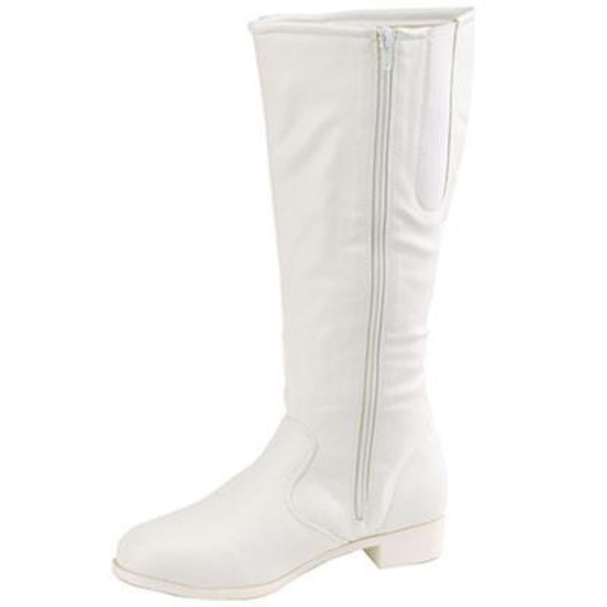 Side view of white Dallas Team Boot highlighting inside zipper, fully lined soft vinyl upper, and cushioned heel for performance comfort.