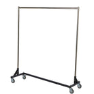 Vivace single-tier Z‑style uniform storage rack with chrome vertical poles, black powder-coated Z-base, and four swivel casters—designed to hold full-length garment bags.