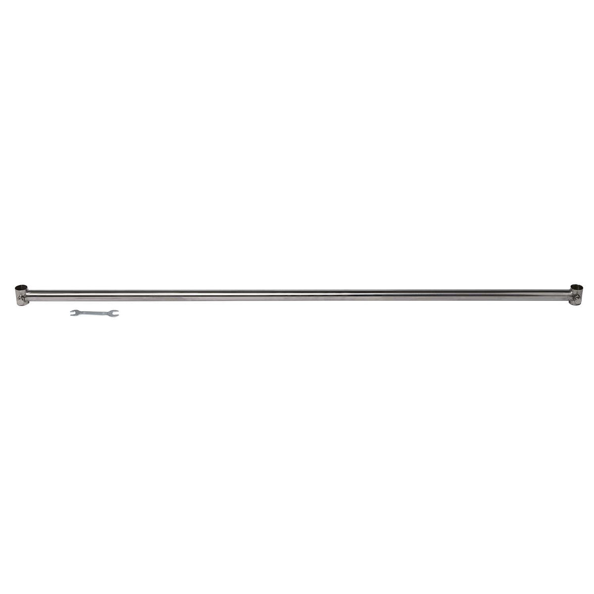 Chrome-finished Z-Rack replacement crossbar measuring approx 47″, straight tubing with end plugs—designed for mounting marching uniform garment bags on Z-style storage racks